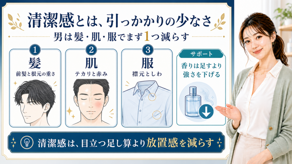 男性の清潔感を髪・肌・服の引っかかりで整理する美容解説ボード