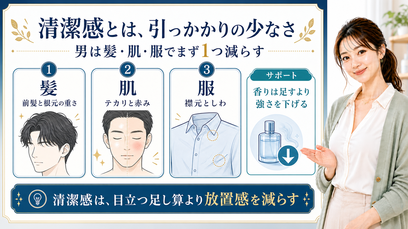 男性の清潔感を髪・肌・服の引っかかりで整理する美容解説ボード