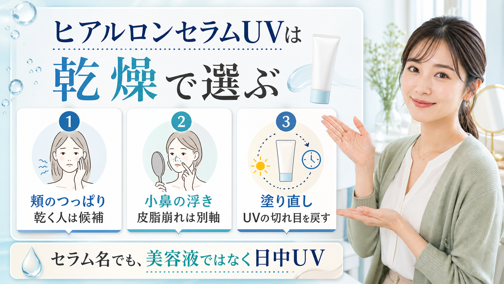 スキンアクア ヒアルロンセラムUVを乾燥・皮脂浮き・塗り直しで判断するアイキャッチ