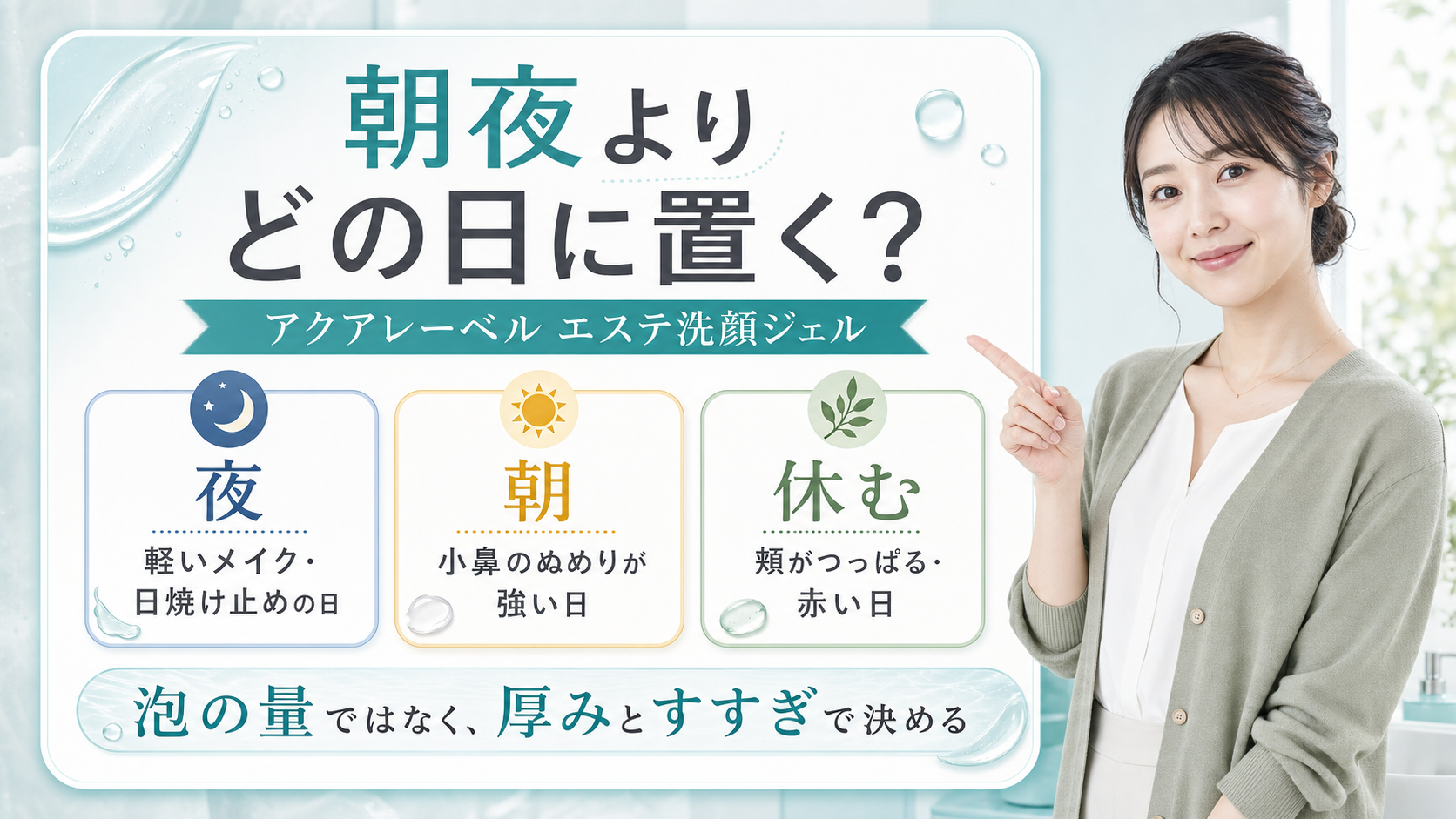 アクアレーベル エステ洗顔ジェルを夜・朝・休む日の3分岐で判断するアイキャッチ