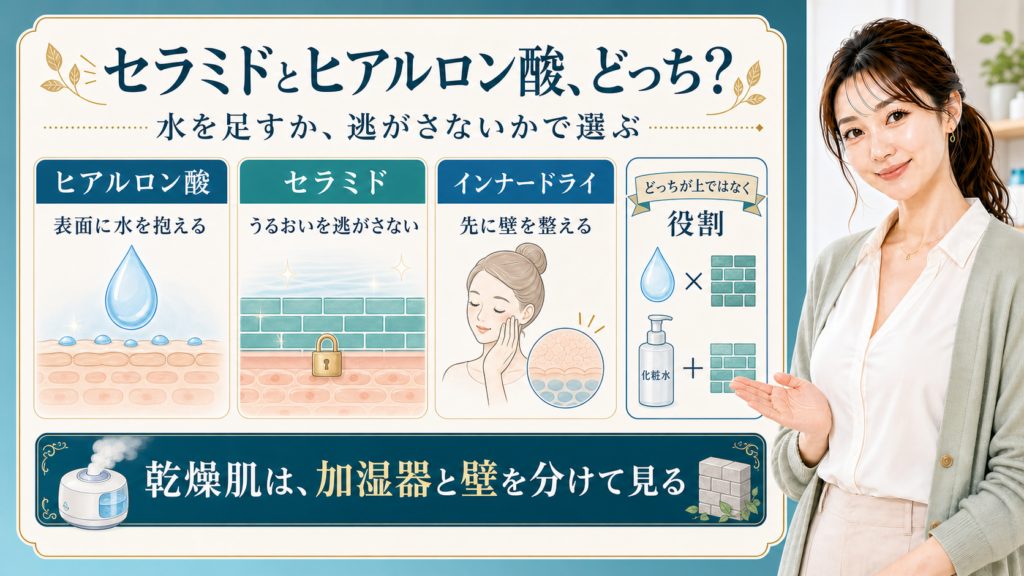 セラミドとヒアルロン酸の違いを水分とバリアで整理する美容解説ボード