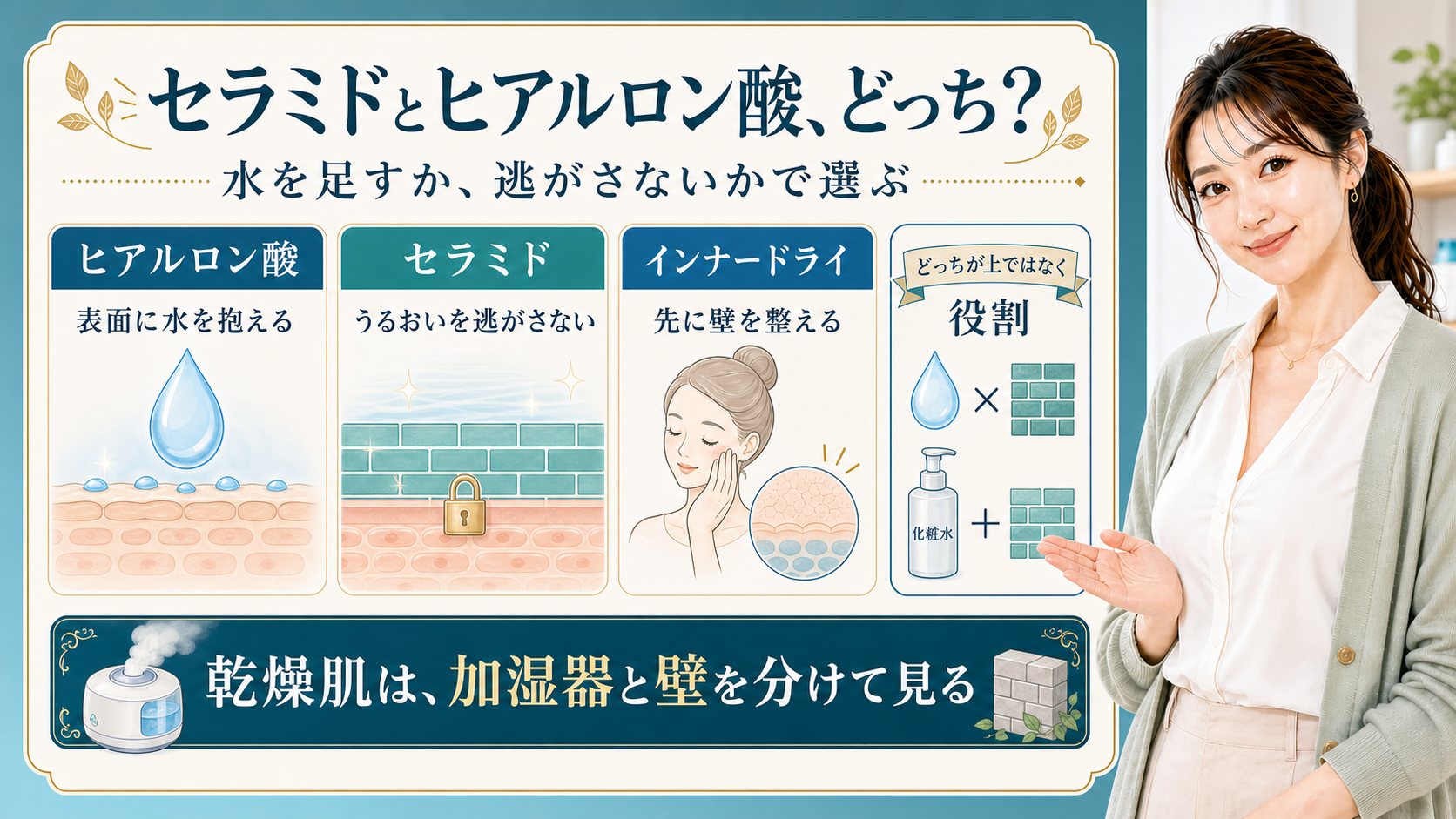 セラミドとヒアルロン酸の違いを水分とバリアで整理する美容解説ボード