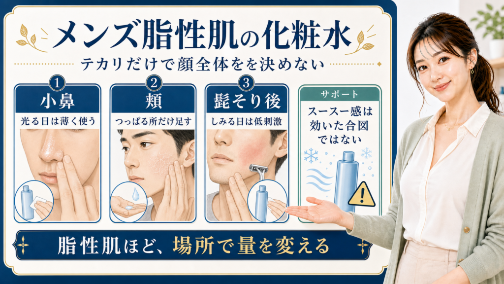 メンズ脂性肌の化粧水を小鼻・頬・髭そり後で整理する美容解説ボード