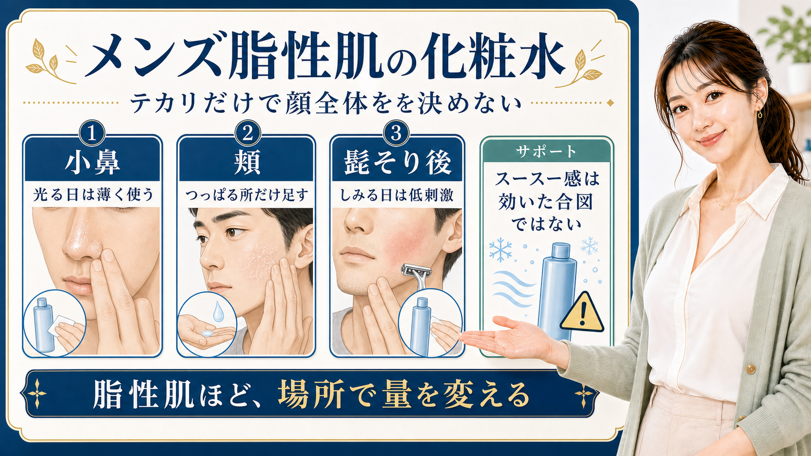 メンズ脂性肌の化粧水を小鼻・頬・髭そり後で整理する美容解説ボード