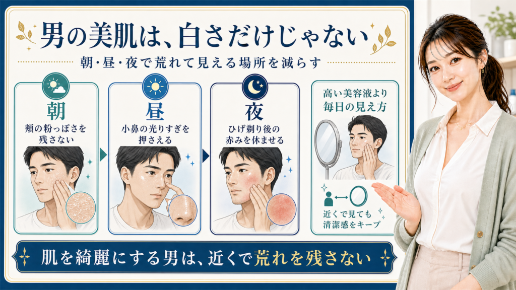 男の美肌習慣を朝昼夜の荒れて見える場所で整理する美容解説ボード