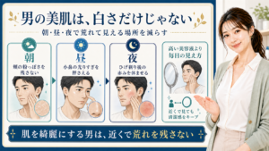 男の美肌習慣を朝昼夜の荒れて見える場所で整理する美容解説ボード