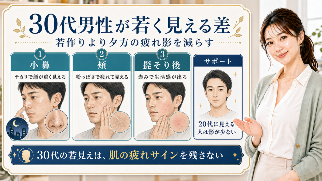 30代男性の若見えを小鼻・頬・髭そり後の疲れ影で整理する美容解説ボード