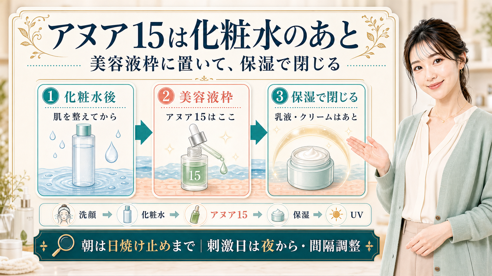 Anuaアゼライン酸15セラムの順番を化粧水後・美容液枠・保湿で見るボード