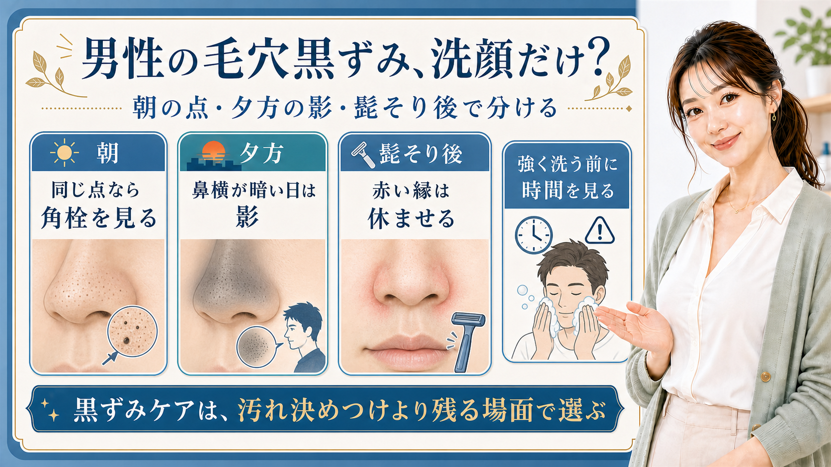 男性の毛穴黒ずみを朝の点・夕方の影・髭そり後で整理する美容解説ボード