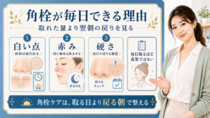 角栓が毎日できる理由を翌朝の白い点・赤み・硬さで整理する美容解説ボード