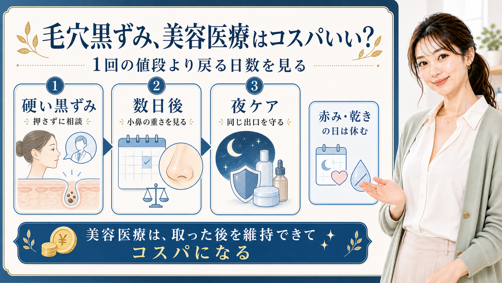 毛穴黒ずみと美容医療のコスパを戻る日数と夜ケアで整理する美容解説ボード