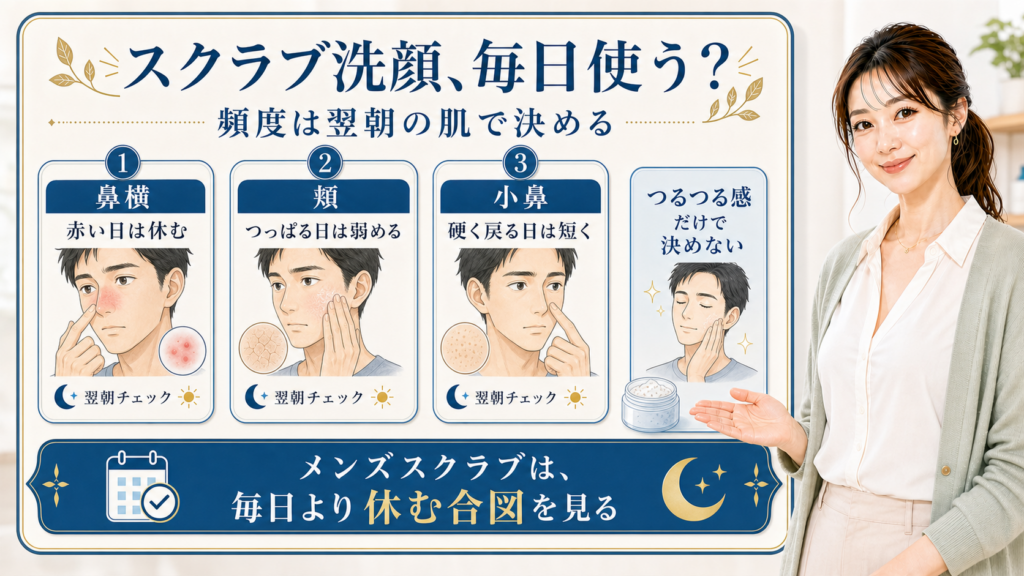 メンズスクラブ洗顔の頻度を翌朝の赤み・つっぱり・小鼻の戻りで整理する美容解説ボード