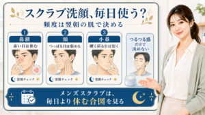 メンズスクラブ洗顔の頻度を翌朝の赤み・つっぱり・小鼻の戻りで整理する美容解説ボード