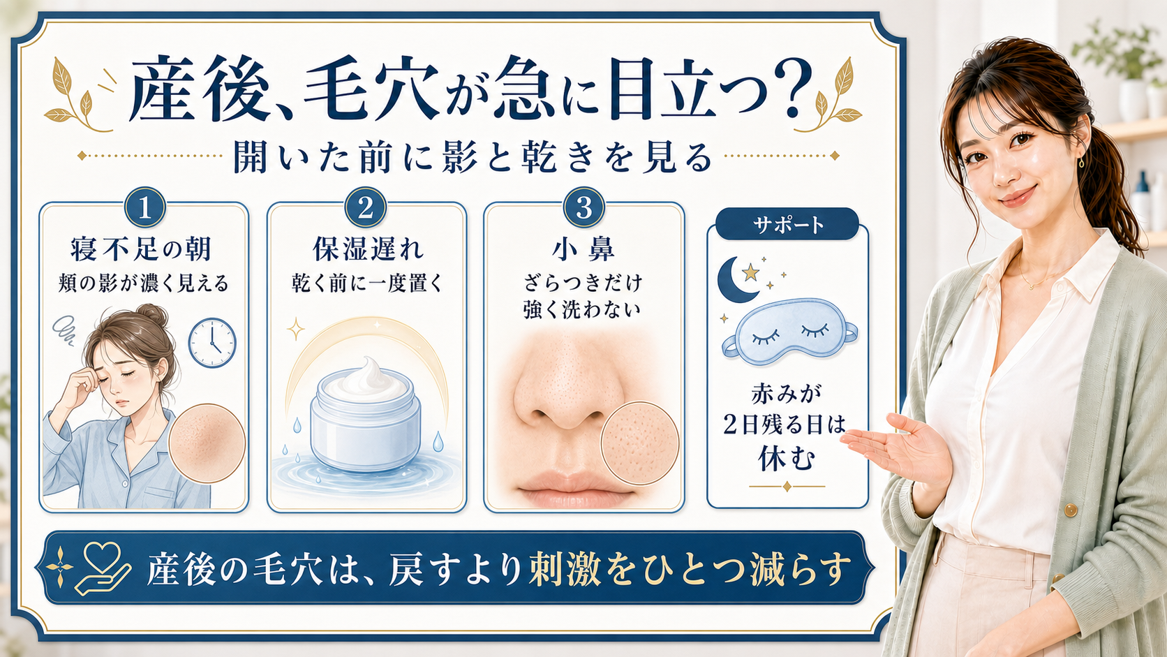 産後の毛穴の目立ちを寝不足の影・保湿遅れ・小鼻のざらつきで整理する美容解説ボード