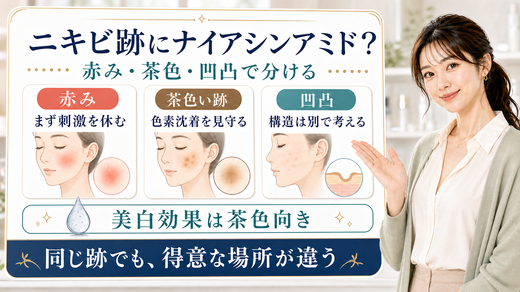 ニキビ跡を赤み・茶色い跡・凹凸に分けてナイアシンアミドの向きを整理する美容解説ボード