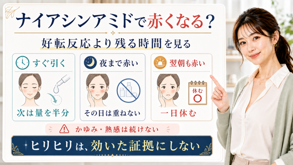 ナイアシンアミドの赤みやヒリヒリを残る時間で判断する美容解説ボード