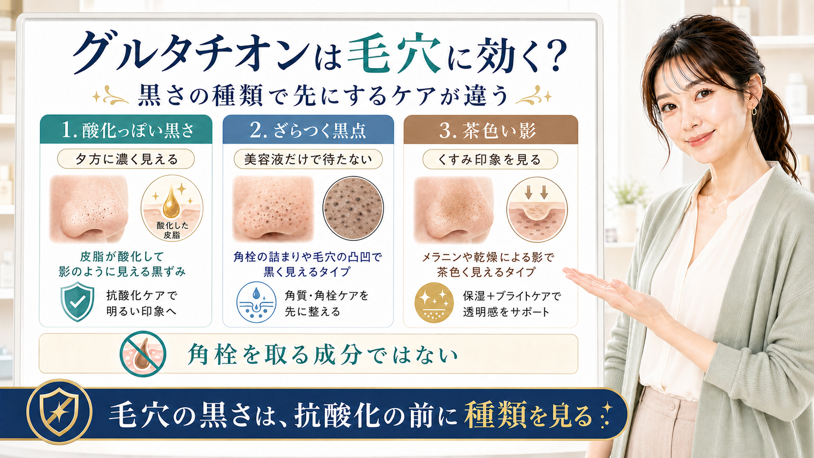 グルタチオンと毛穴の黒さを酸化皮脂・ざらつく黒点・茶色い影で整理する美容解説ボード