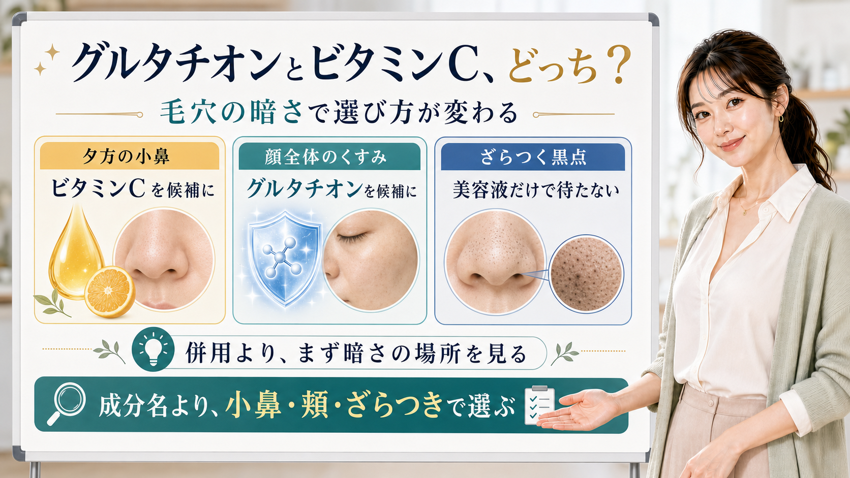 グルタチオンとビタミンCを毛穴の暗さの種類で選ぶ美容解説ボード