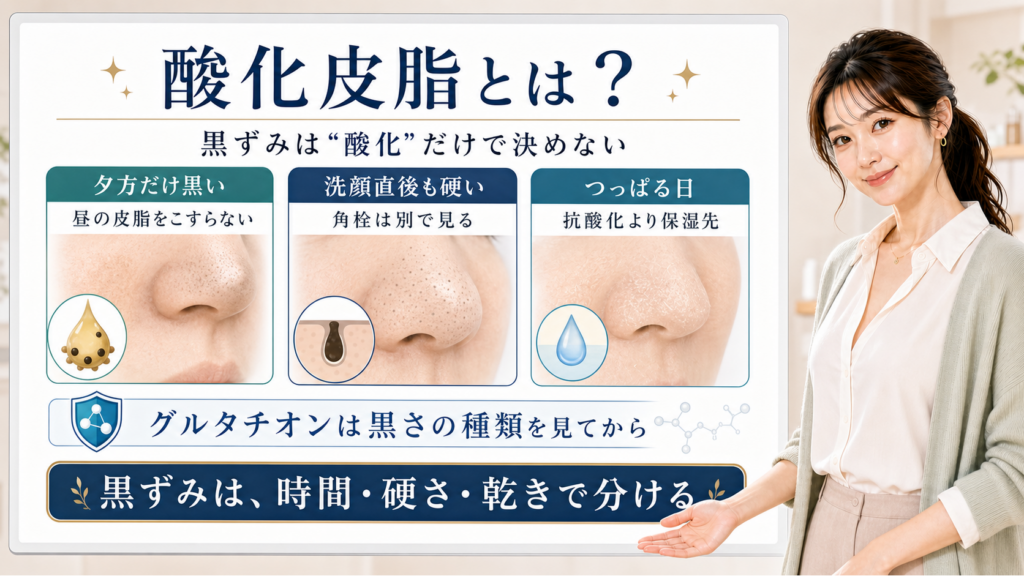 酸化皮脂と黒ずみを時間・硬さ・乾きで分ける美容解説ボード