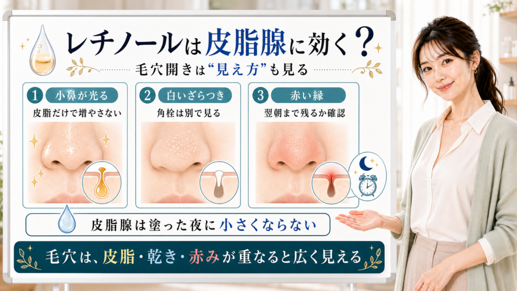 レチノールと皮脂腺や毛穴開きを皮脂・乾き・赤みで整理する美容解説ボード