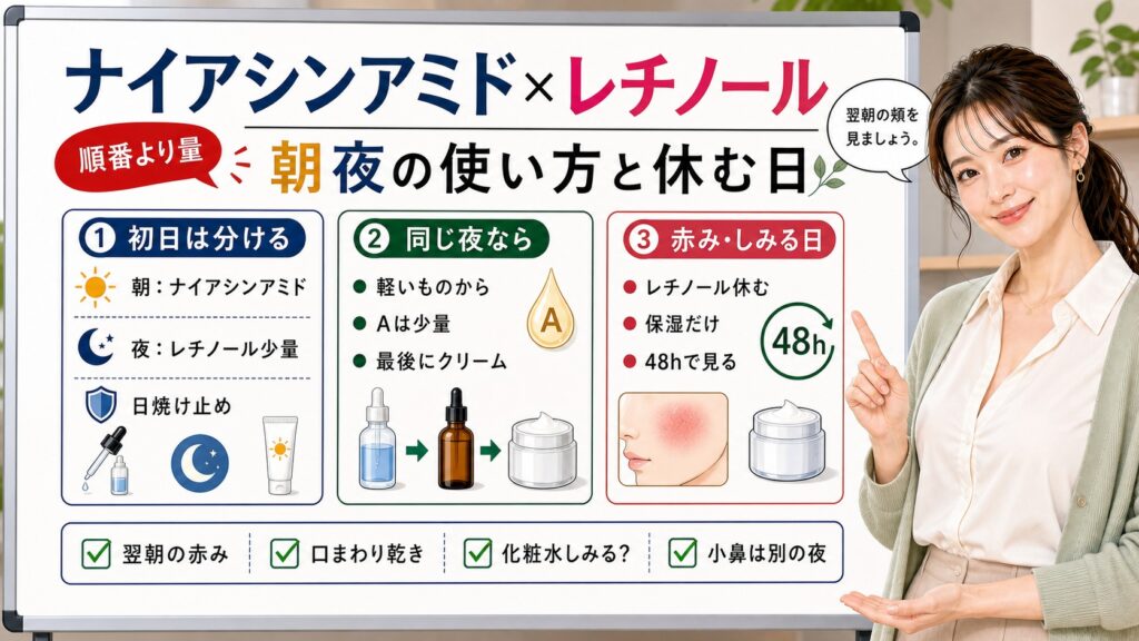 レチノールとナイアシンアミドの朝夜の使い方と休む日を解説