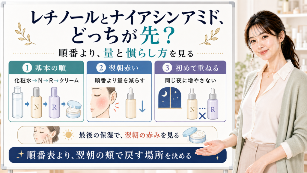 レチノールとナイアシンアミドの順番を量と慣らし方で整理する美容解説ボード