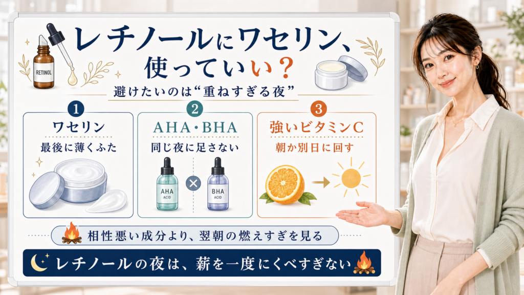 レチノールにワセリンを使う順番と避けたい重ね方を整理する美容解説ボード