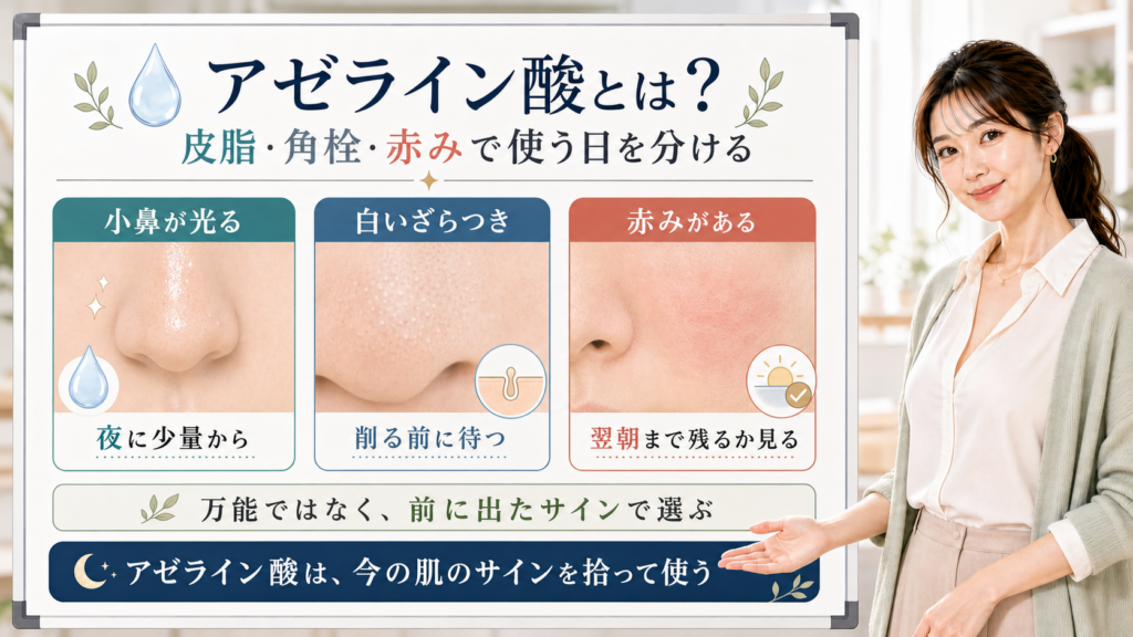 アゼライン酸を皮脂・角栓・赤みのサインで使い分ける美容解説ボード