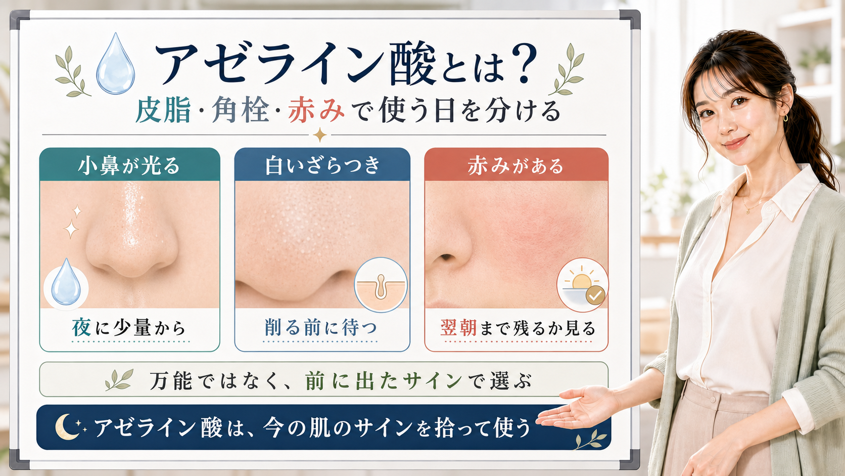 アゼライン酸を皮脂・角栓・赤みのサインで使い分ける美容解説ボード
