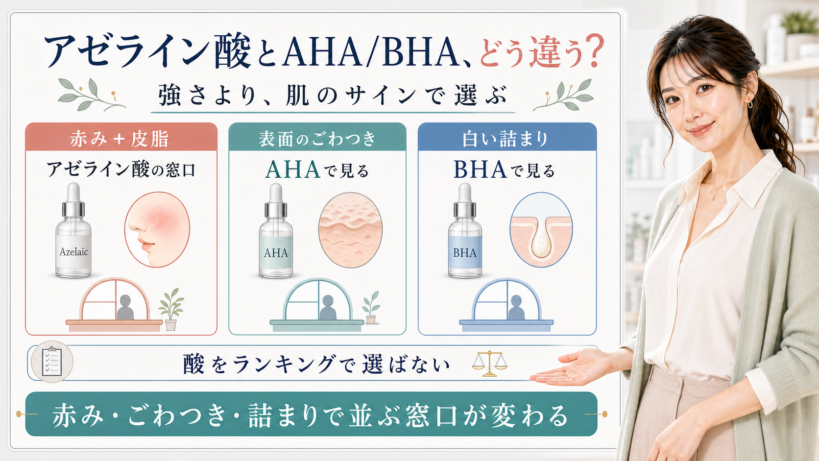 アゼライン酸とAHA/BHAを赤み・ごわつき・詰まりで比較する美容解説ボード