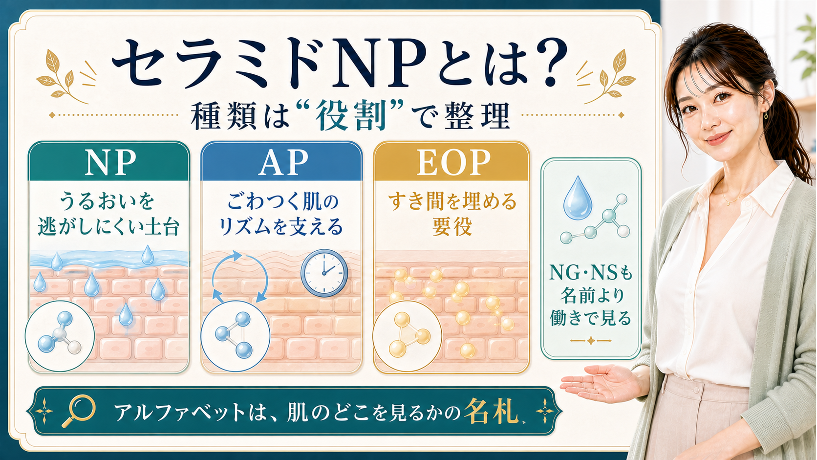 セラミドNP・AP・EOPなどの種類を役割で整理する美容解説ボード