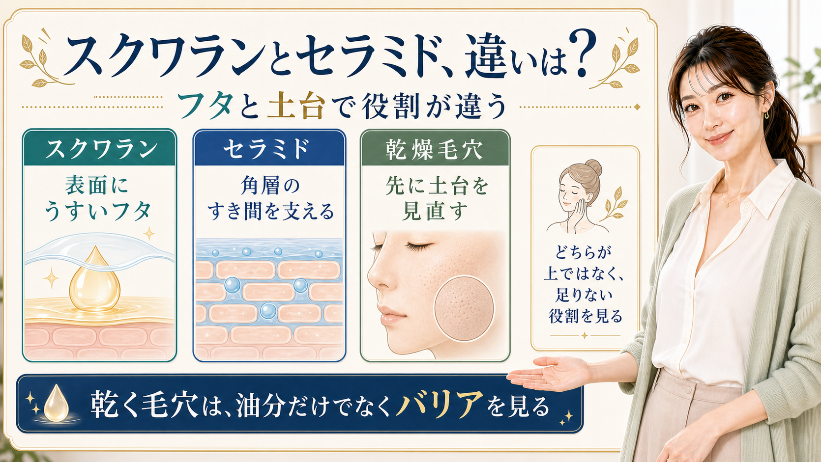 スクワランとセラミドの違いをフタと土台の役割で整理する美容解説ボード