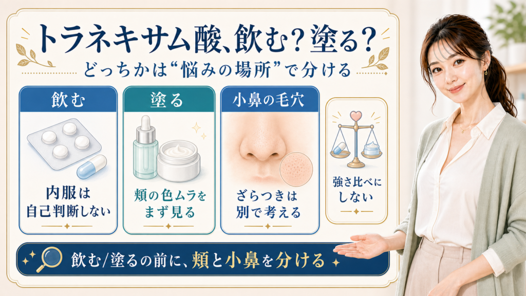 トラネキサム酸を飲むか塗るかを頬と小鼻で分けて整理する美容解説ボード