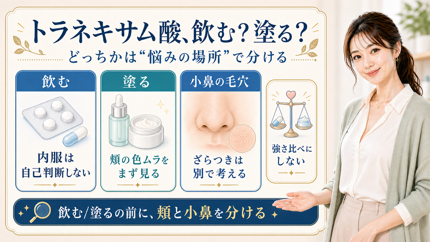 トラネキサム酸を飲むか塗るかを頬と小鼻で分けて整理する美容解説ボード