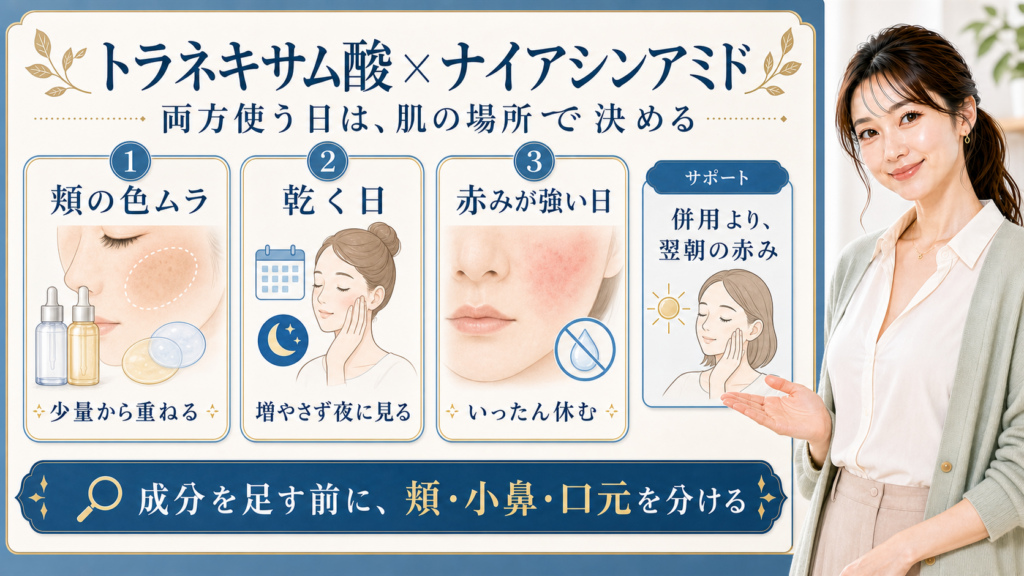 トラネキサム酸とナイアシンアミドの併用を頬・乾燥・赤みで整理する美容解説ボード
