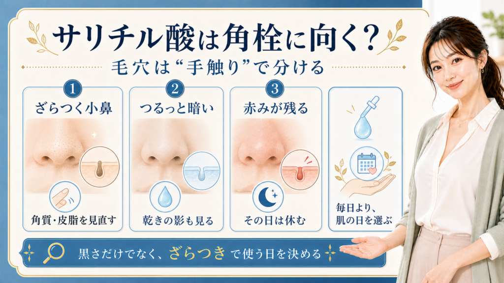 サリチル酸と角栓毛穴をざらつき・乾き影・赤みで整理する美容解説ボード