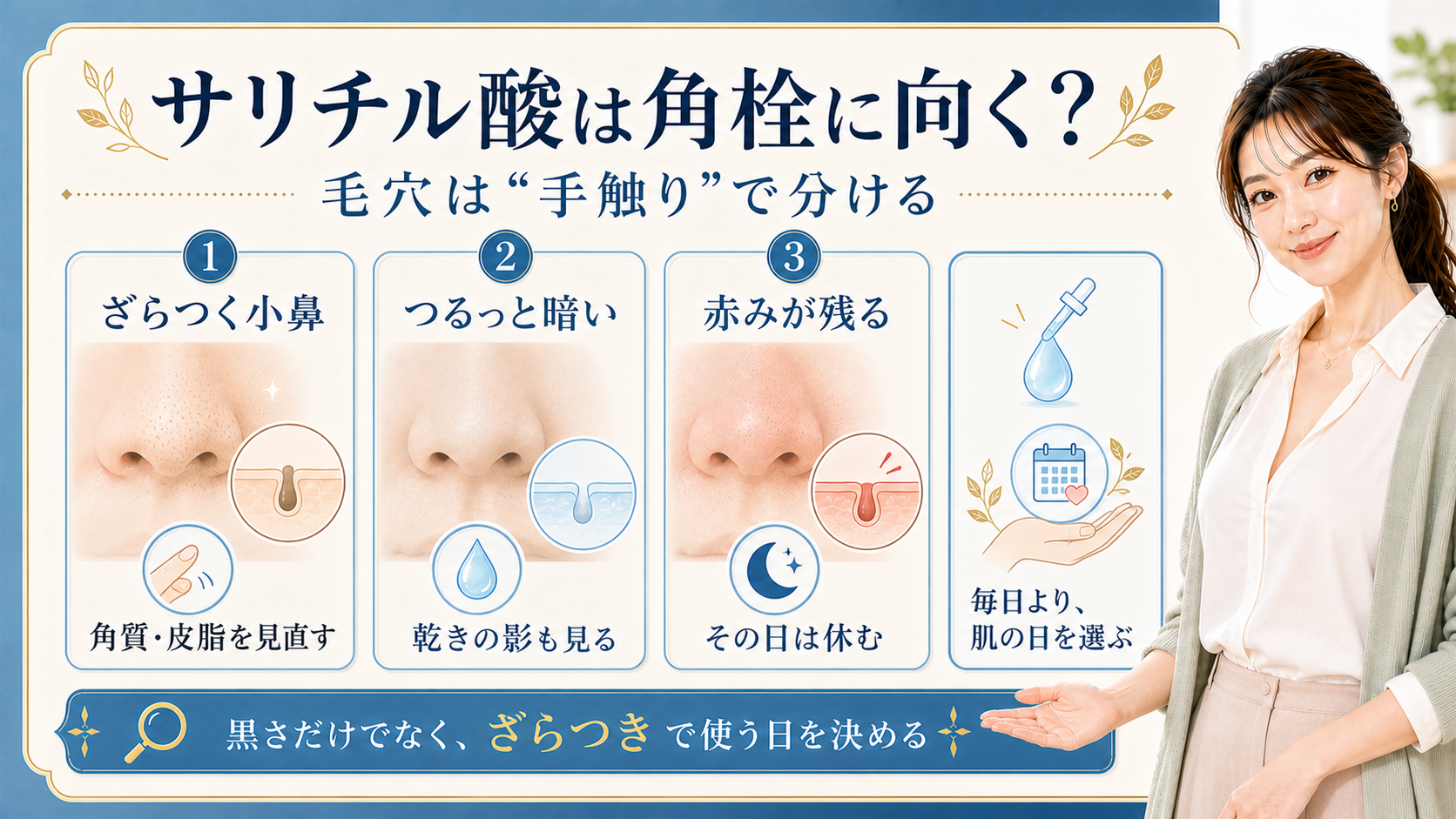 サリチル酸と角栓毛穴をざらつき・乾き影・赤みで整理する美容解説ボード