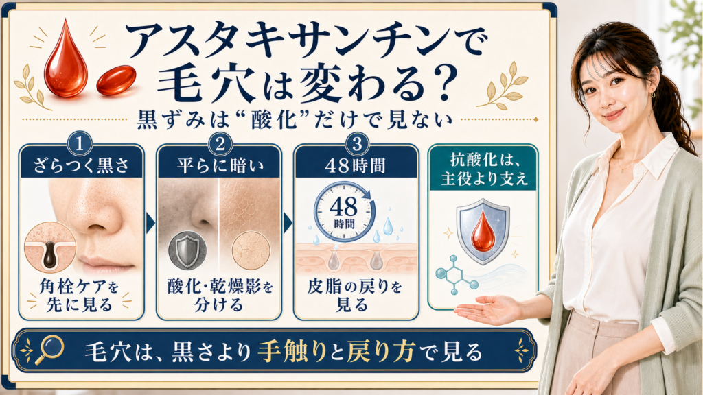 アスタキサンチンと毛穴の黒ずみを角栓・酸化影・皮脂戻りで整理する美容解説ボード