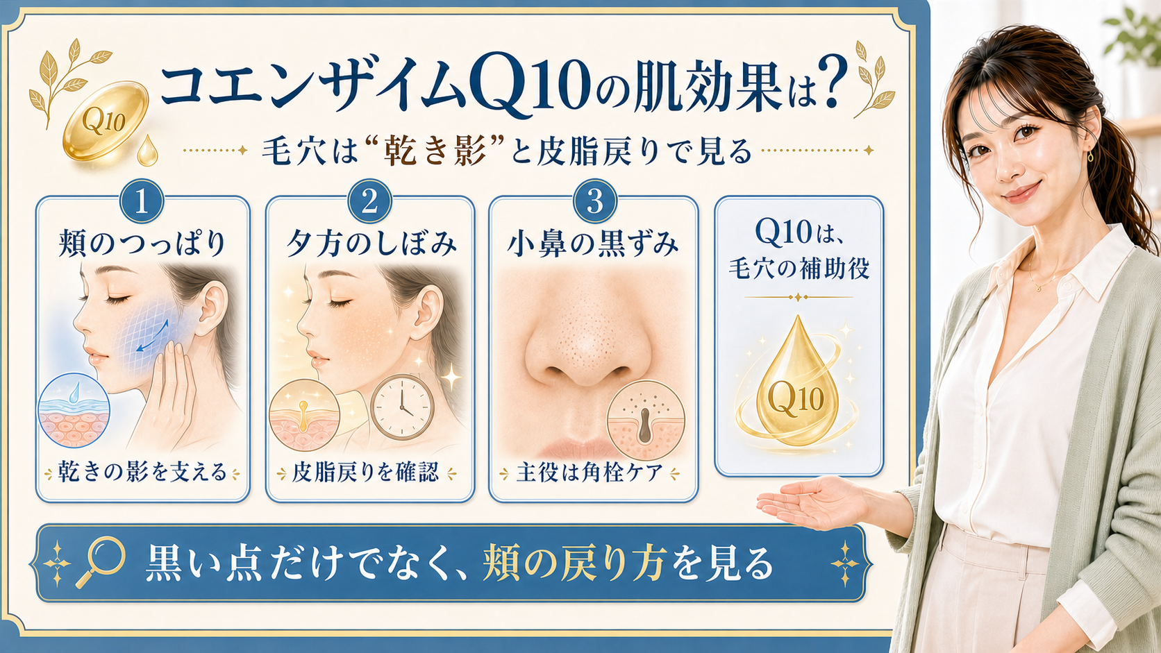 コエンザイムQ10の肌効果を乾き影・皮脂戻り・小鼻黒ずみで整理する美容解説ボード