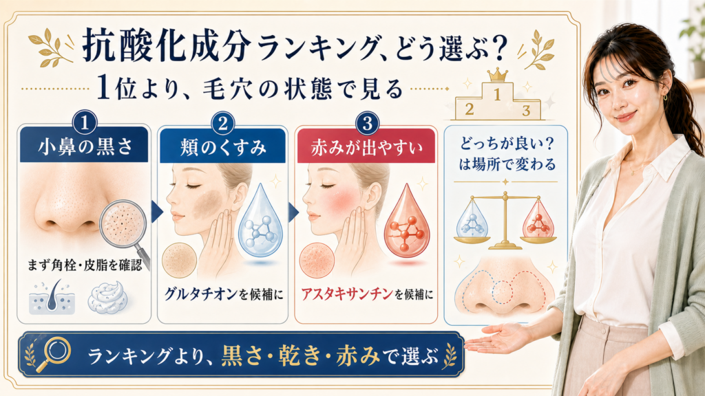抗酸化成分ランキングを小鼻の黒さ・頬のくすみ・赤みで選ぶ美容解説ボード
