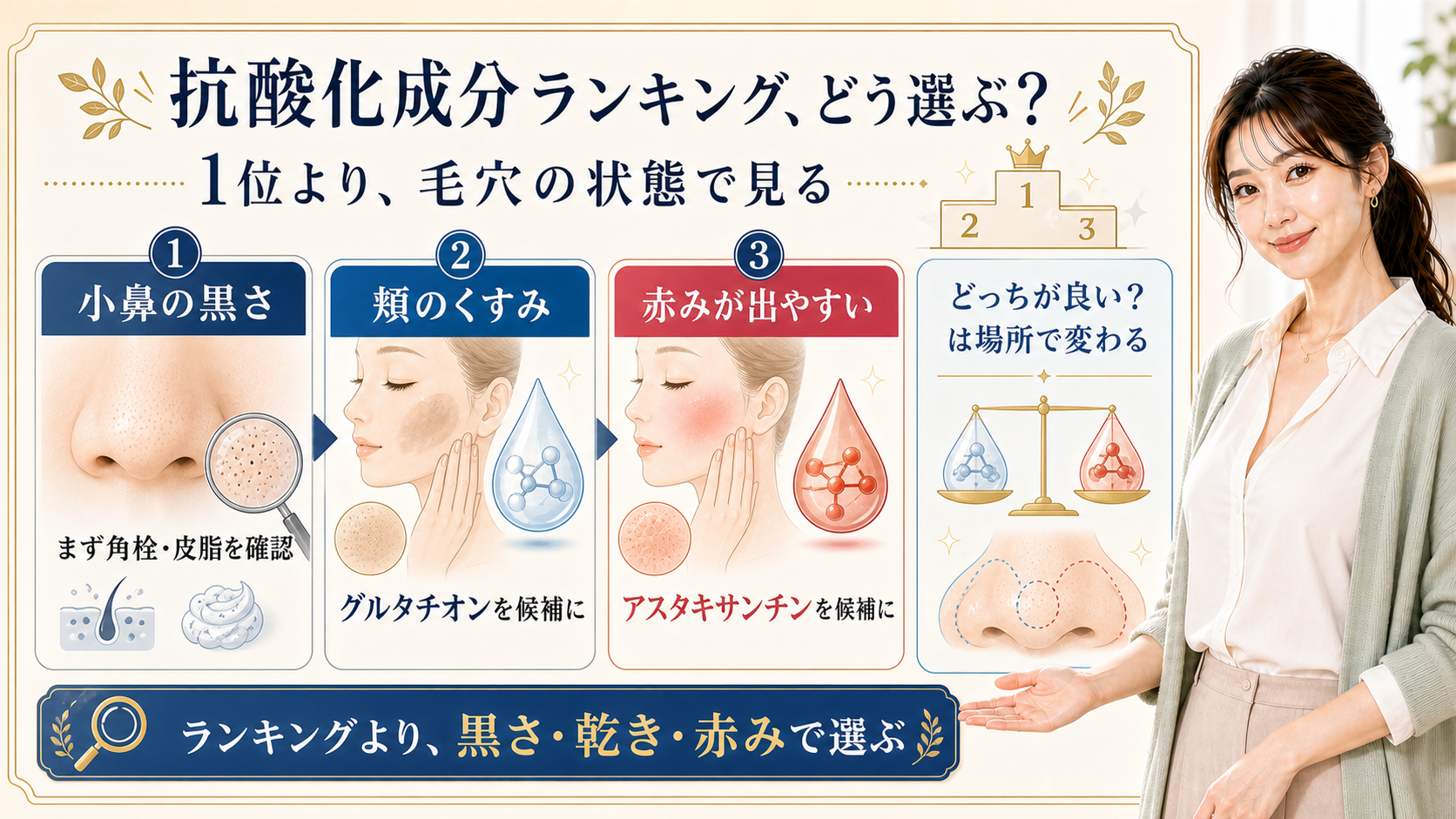 抗酸化成分ランキングを小鼻の黒さ・頬のくすみ・赤みで選ぶ美容解説ボード