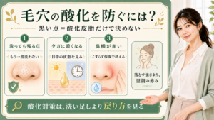 毛穴の酸化を防ぐ考え方を洗っても残る点・夕方の皮脂・鼻横の赤みで整理する美容解説ボード