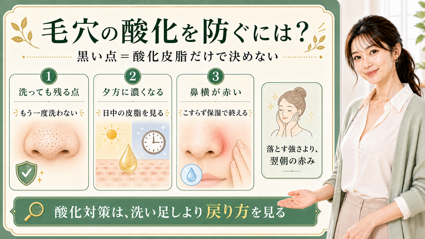 毛穴の酸化を防ぐ考え方を洗っても残る点・夕方の皮脂・鼻横の赤みで整理する美容解説ボード