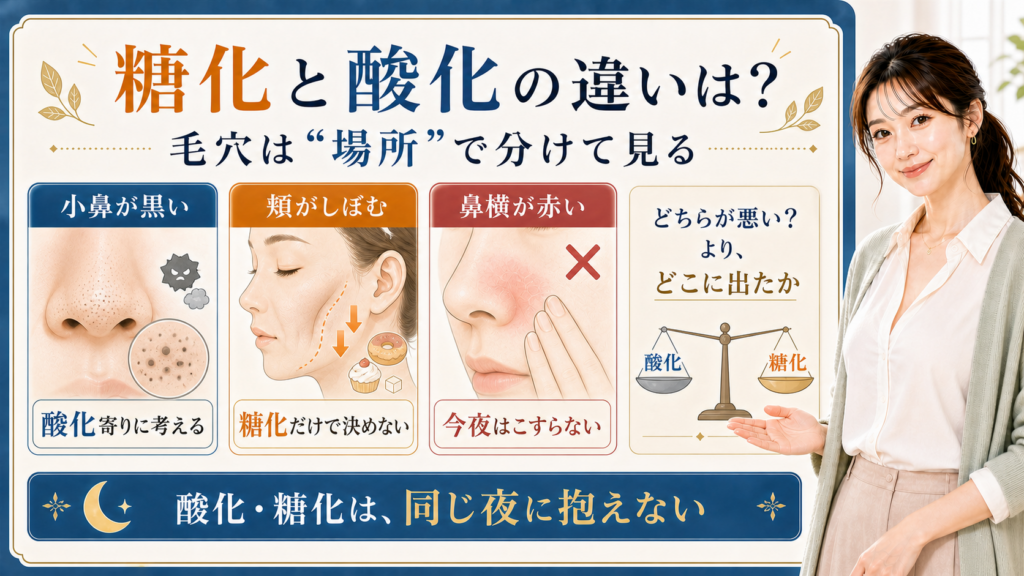 糖化と酸化の違いを小鼻の黒さ・頬のしぼみ・鼻横の赤みで整理する美容解説ボード