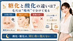 糖化と酸化の違いを小鼻の黒さ・頬のしぼみ・鼻横の赤みで整理する美容解説ボード
