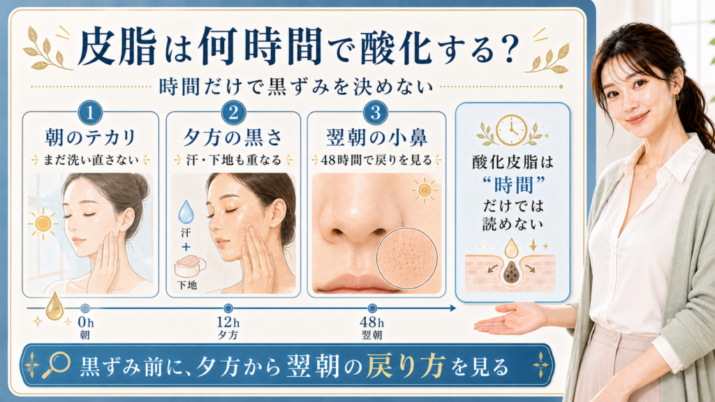 皮脂酸化の時間を朝のテカリ・夕方の黒さ・翌朝の小鼻で整理する美容解説ボード