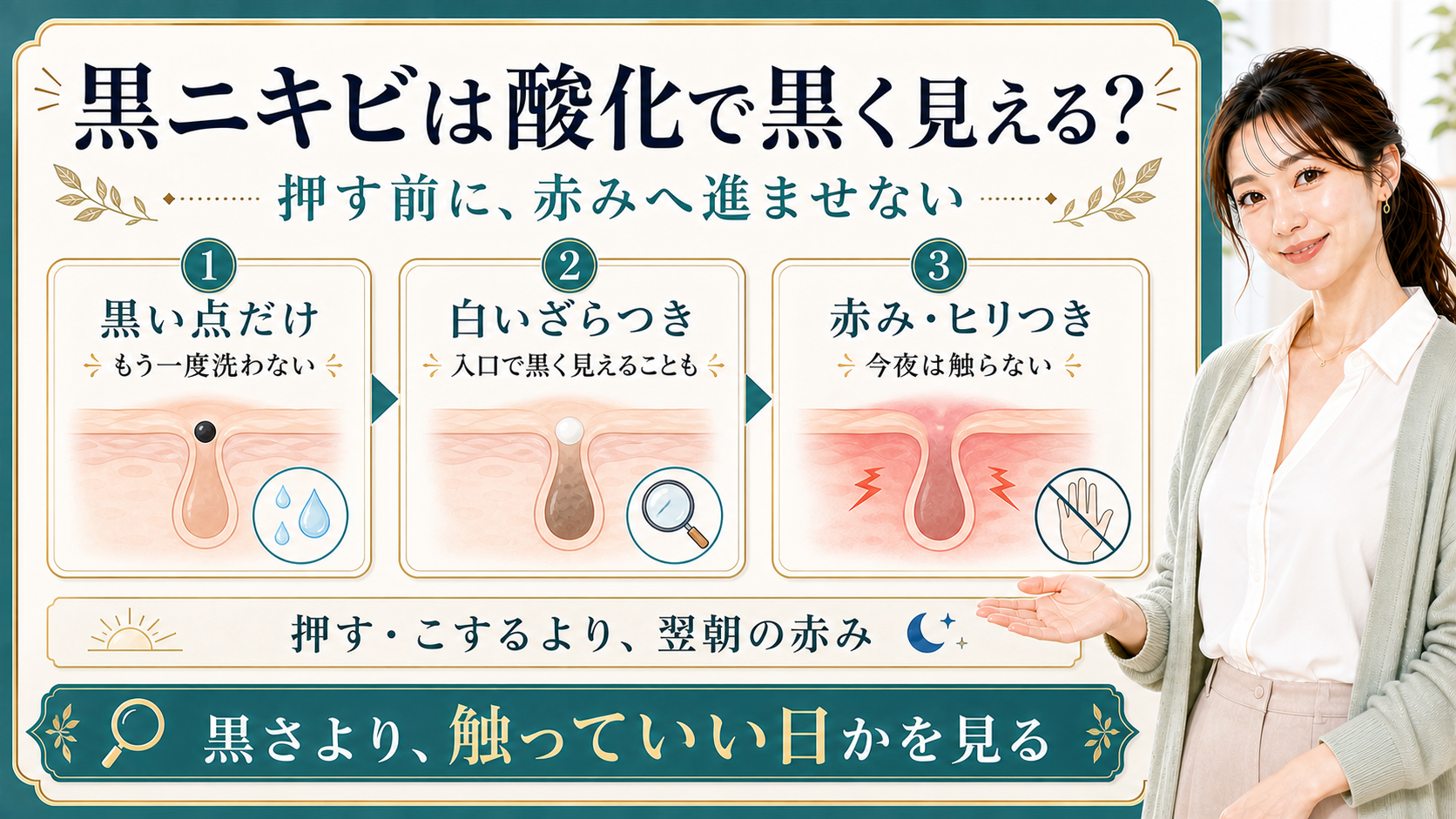 黒ニキビの酸化と赤みを黒い点・白いざらつき・ヒリつきで整理する美容解説ボード