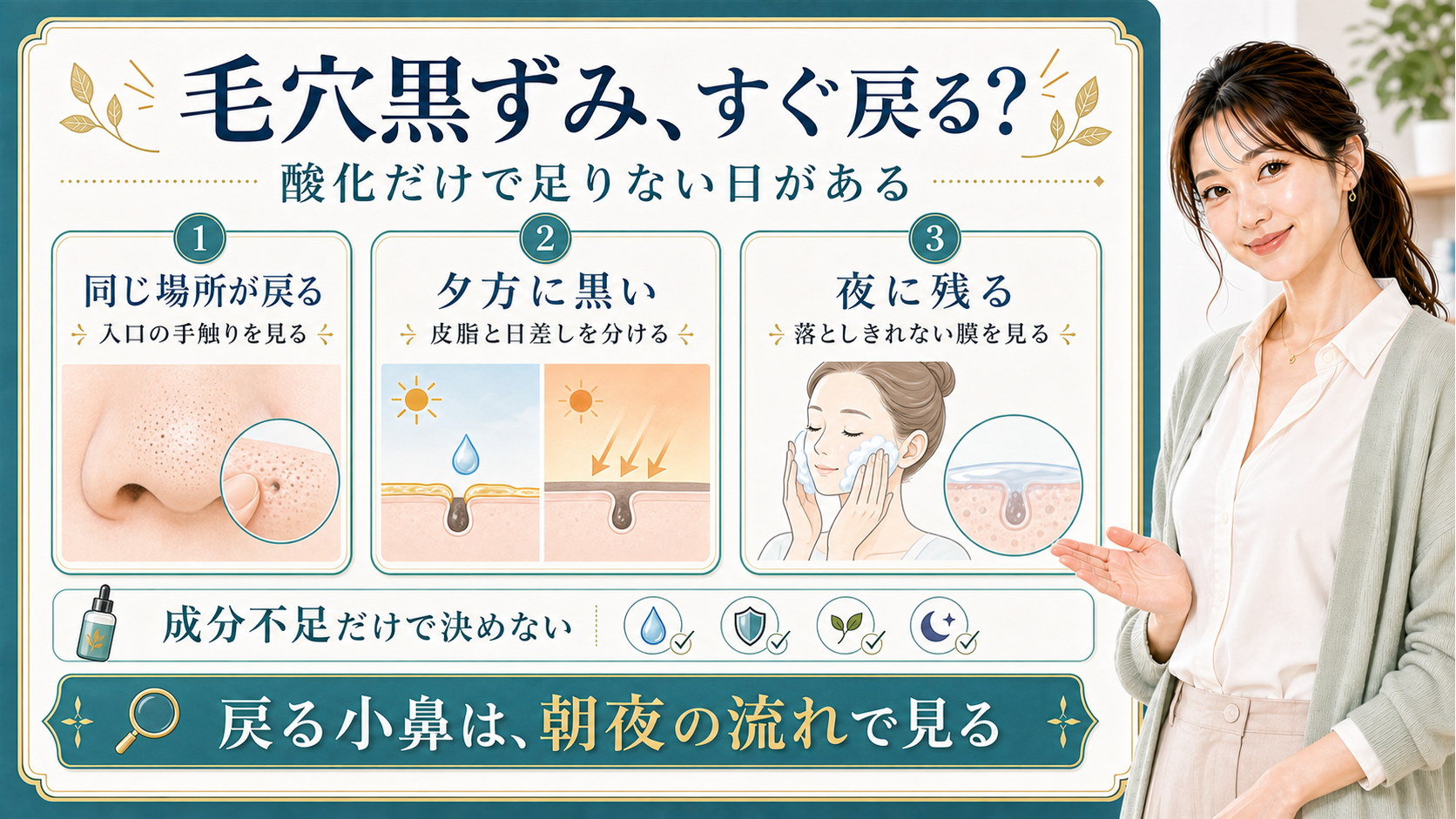 戻る毛穴黒ずみを入口の手触り・夕方の皮脂・夜の膜で整理する美容解説ボード