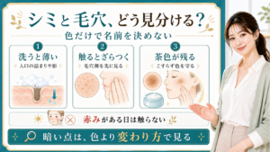 シミと毛穴の暗い点を洗う変化・ざらつき・茶色残りで整理する美容解説ボード