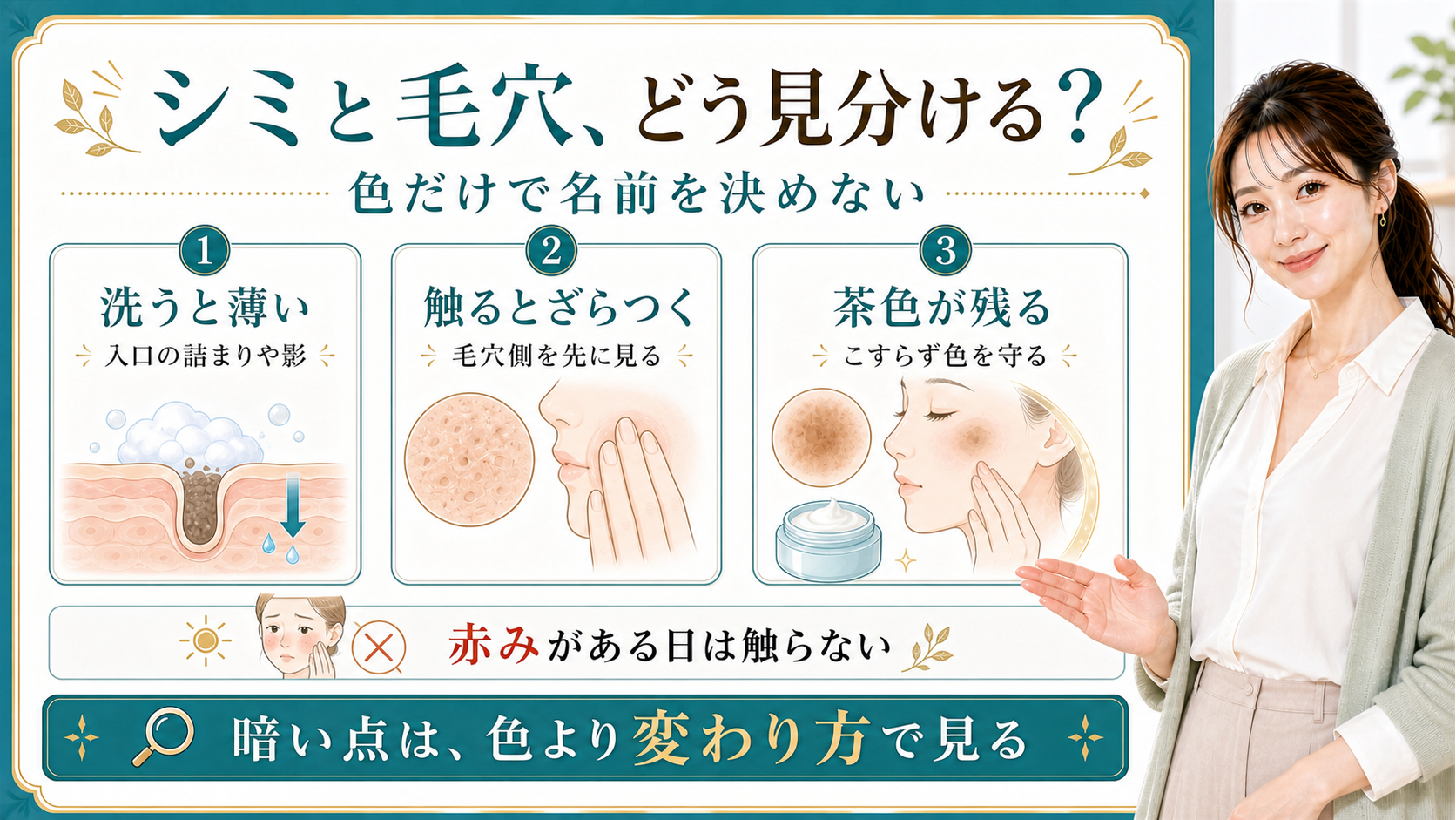 シミと毛穴の暗い点を洗う変化・ざらつき・茶色残りで整理する美容解説ボード